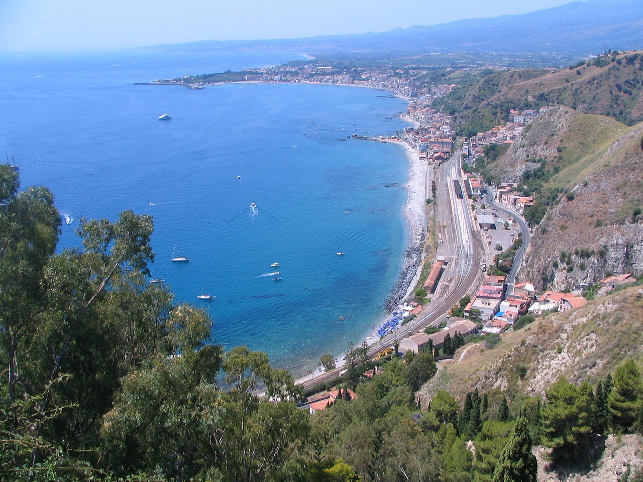 kilátás Taorminából, tenger, Szicília